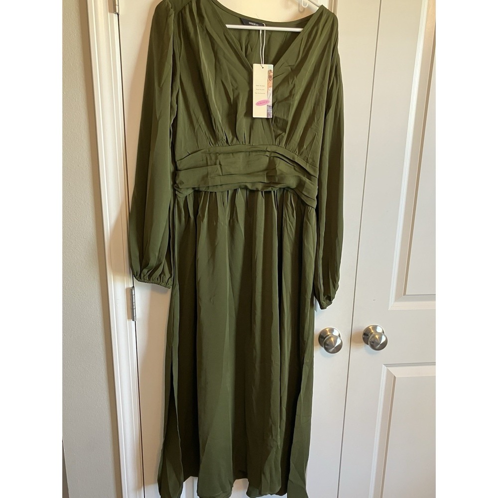 Dokotoo Midi Dress Women Large Green New Long Sleeve V-Neck A-Line C918